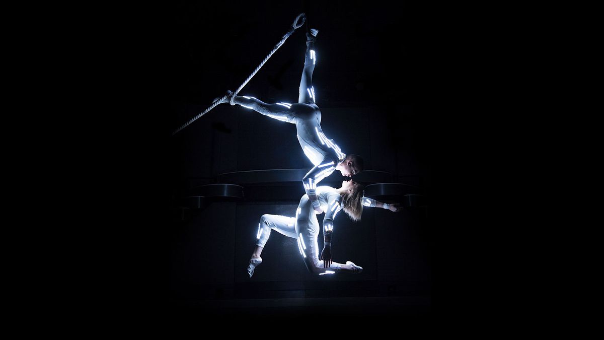 LED Acrobats hanging from the ceiling